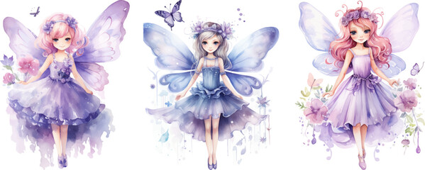 Watercolor clipart with fairy wearing a purple dress 
