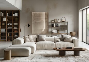 Minimalist living room with sofa and bookcase, soft neutral tones, simple yet elegant interior design concept