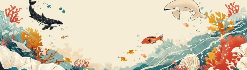 Obraz premium Explore marine biodiversity through a Japanese art style creative design, presenting aquatic life in an illustration template