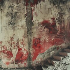 Faded murals on a crumbled wall hint at a culture long vanished, now just whispers under the unsettling crimson hue of a world in peril