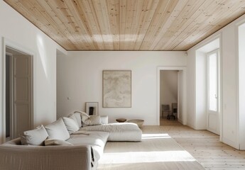 Minimalist living room with white walls, wooden ceiling and light grey sofa. The room has a minimalist aesthetic with white walls and a light grey sofa