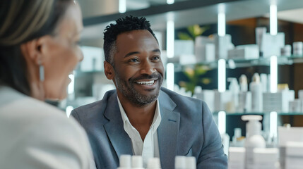 Obraz premium A professional man smiles during a skincare consultation in a modern beauty store, emphasizing a focus on personal grooming and customer care