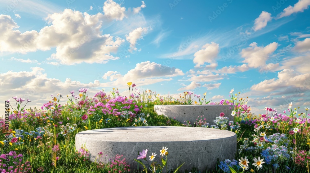 Aufkleber an abstract 3d render of a spring scene with a white podium and colorful flowers on the grass field,