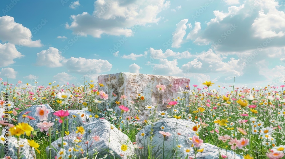 Poster an abstract 3d render of a spring scene and natural background. stone podium on flowers and grass fi