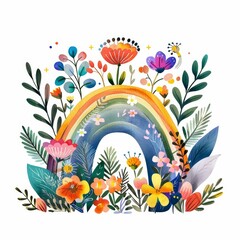 A colorful rainbow with flowers and leaves surrounding it
