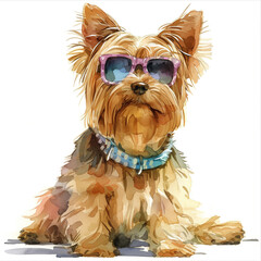 Naklejka premium Smiling Yorkshire Terrier With Sun Glasses In