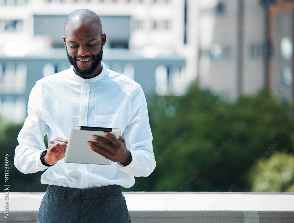 Poster city, connection and black man with tablet online for networking, clients and stock marker research.