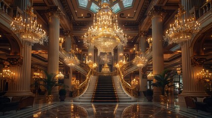 luxurious lobby featuring grand chandelier hanging from high ceiling, showcasing opulent interior design