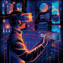 Illustration of a virtual reality game developer creating a new world with hologram projections, featured in a banner for advertise