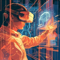 Illustration of a virtual reality game developer creating a new world with hologram projections, featured in a banner for advertise
