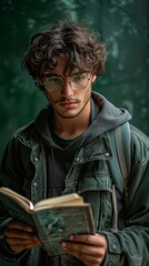 Young Man Reading a Book with Solid Green Background