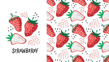 Strawberry hand drawn doodle sketch illustration and seamless background. Vector Food template for sticker, logo, diet concept, farmers market. Sketch illustration of healthy berry. Red strawberries.