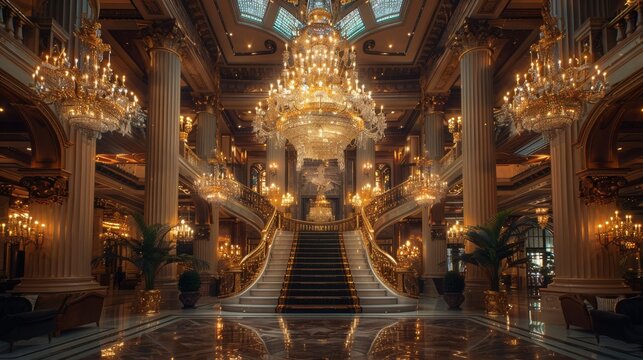 luxurious lobby featuring grand chandelier hanging from high ceiling, showcasing opulent interior design
