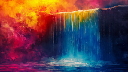 Abstract painting of a colorful waterfall with vibrant red, yellow, and blue cascades. High-resolution digital art. Nature and imagination concept.