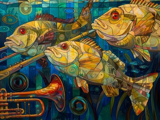 Imagining an underwater concert with fish playing jazz instruments, portrayed in a vibrant art deco style