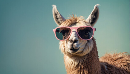 Quirky Animal Chic, Llama Sporting Sunglasses on Solid Pastel Background, Perfect for Ads