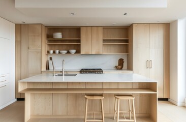 Minimalist white kitchen with light wood cabinets and open shelving