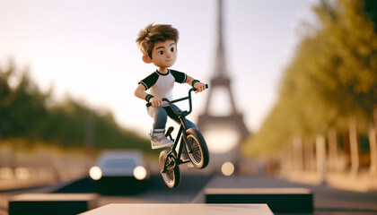 a young boy riding a BMX bike, with the Eiffel Tower in the background - obrazy, fototapety, plakaty