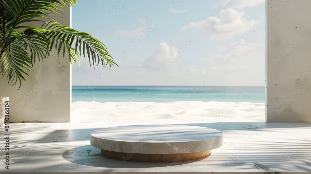 Poster Render of 3D summer background with a minimalist podium or pedestal platform for showing products, cosmetic scene for mockup, and beach swim elements.