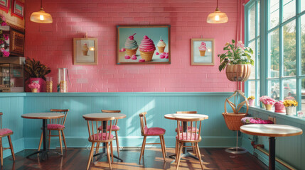 retro ice cream parlor setup in empty room with vintage wooden chairs and table, creating a charming interior design concept