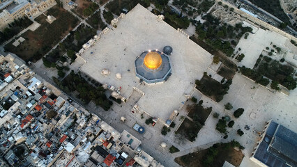 Golden dome of the rock Al aqsa mosque, Jerusalem aerial view  Drone top down rare view from golden dome of the rock, may 2022,israel  © ImageBank4U