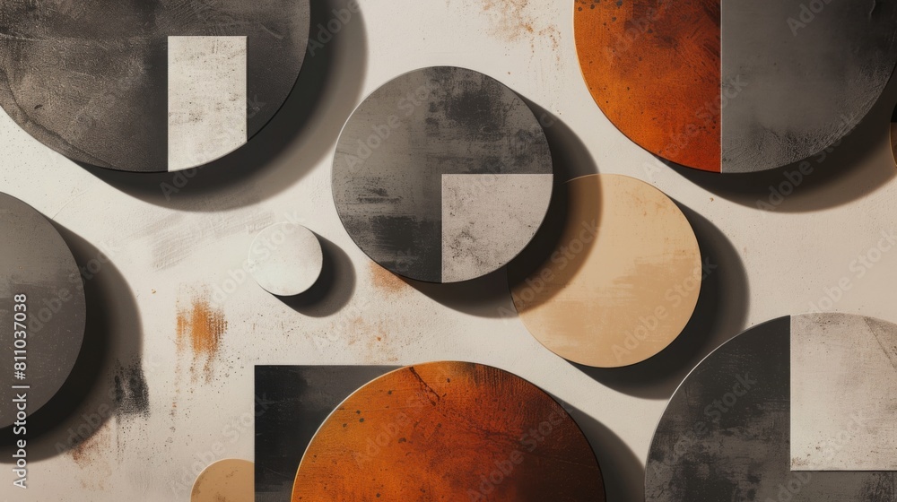 Leinwandbilder a composition of overlapping circles and squares in a monochrome palette with orange accents.