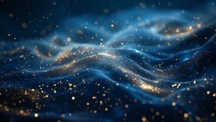 Ethereal blue waves with golden sparkling particles. 8k Wallpaper High-resolution digital art. Magic and fantasy background.