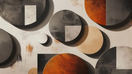 A composition of overlapping circles and squares in a monochrome palette with orange accents.