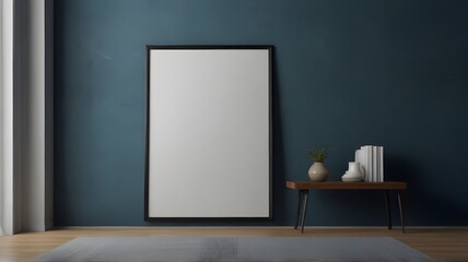 Blank wall art mockup, close-up, vertical blank mockup blue wall theme