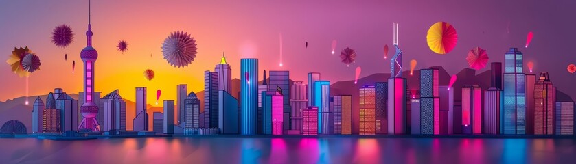 Neon style of a smart city skyline during New Years Eve, visualized in paper art styles, celebrating innovation and tradition with a burst of colors, banner sharpen with copy space