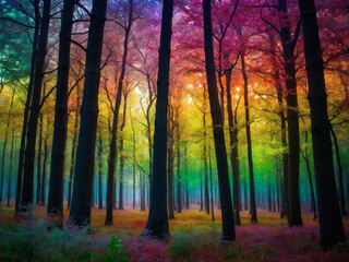 Rainbow Forest, Enchanting trees beneath colorful arcs.