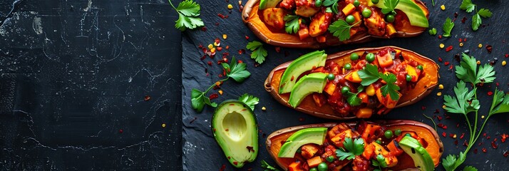 BBQ chicken stuffed sweet potatoes with avocado, fresh presentation, view from above, food banner with copy space for writing