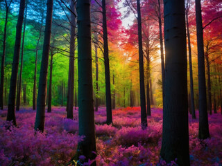 Rainbow Forest, Enchanting trees beneath colorful arcs.