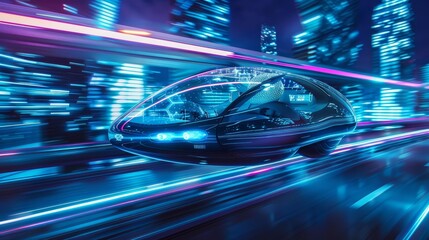 Photo of a futuristic hover car with hologram features, cruising in neonlit night city, captured in deep blue and violet hues, banner concept