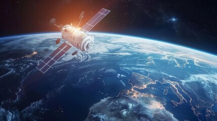 Realistic photo of a space satellite with hologram technology, aglow in stark white and silver, orbiting above Earth, banner concept