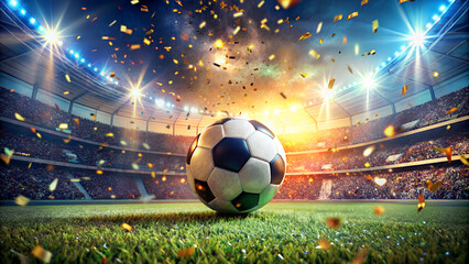 Close up of a soccer ball in the center of the stadium  with flying confetti