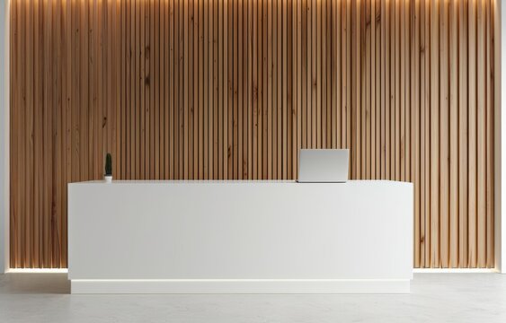 Minimalist white reception desk with wood slats on the wall behind it, with an open laptop placed in front of it
