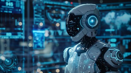 Fototapeta premium Show Glow HUD icon of a futuristic robot with a very blurry backdrop of a hightech lab