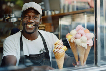 Smiling African American man in a cap and apron holding an ice cream cone. Ice cream seller.