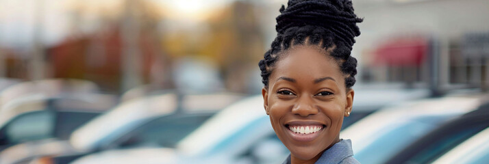 African American smiling woman used car saleswoman. Portrait against the backdrop of cars for sale.