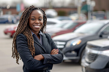 Portrait of a car salesman in a showroom. A happy African-American woman stands against the backdrop of a row of cars and smiles while looking at the camera.