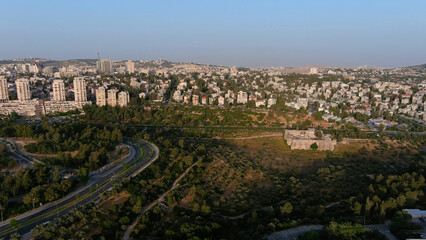 Fototapeta premium Jerusalem center Aerial view at sunset, IsraelRassco Givat Havradim neighborhood ,Jerusalem center, aerial