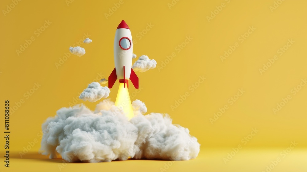 Poster Three-dimensional rendering of a minimal 3D rocket taking off over a soft yellow background. Success concept.