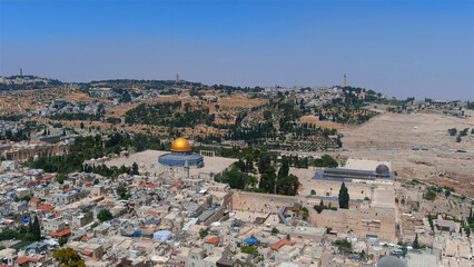 Drone and unique shot from Jerusalem in summer of 2022, golden domw of the rock, israel