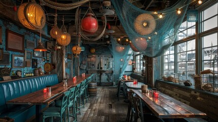 seafood restaurant decor, fishermans nets and buoys suspended from the ceiling in a seafood eatery, evoking a maritime vibe for customers - Powered by Adobe
