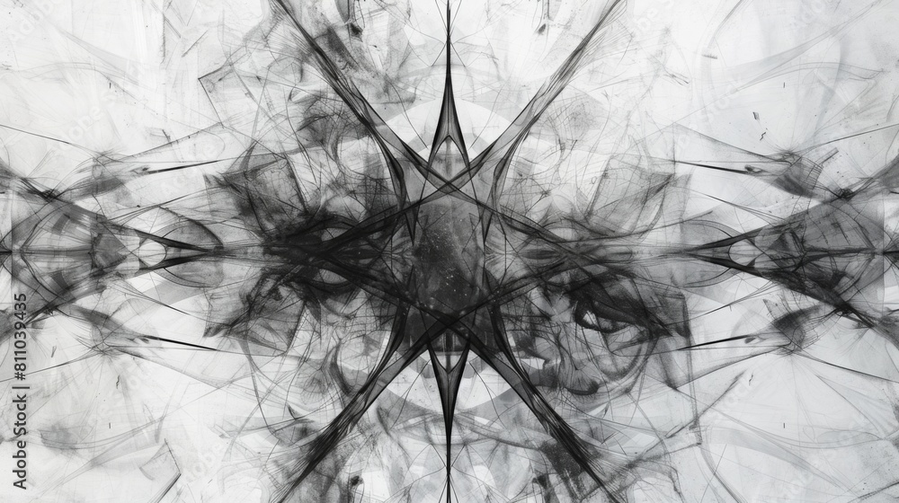 Aufkleber a black and white abstract design featuring geometric shapes and patterns.