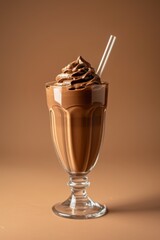 Chocolate milkshake with straw on beige background, minimalism, chocolate topping