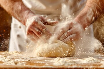 Men's hands kneading dough, bakery, hands close up, flour, male baker