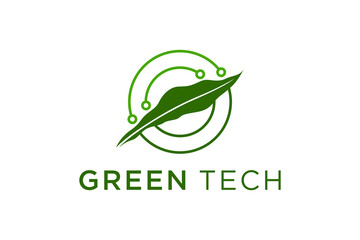 Technology logo design with green leaf elements and semiconductor circuit.