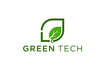 Technology logo design with green leaf elements and semiconductor circuit.